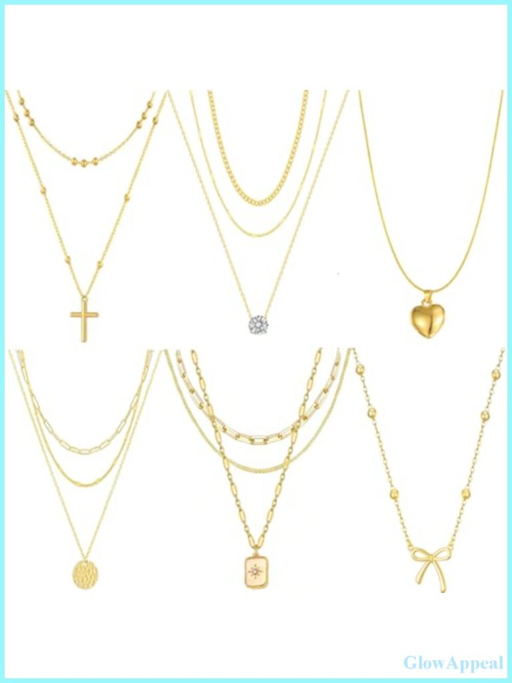 Gold Plated Layered Necklace Set 6 Pcs Dainty Bow Heart Cross Square Pendant